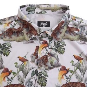 Waggle Mens Polo Golf Shirt White Leopard Bird Jungle Tropical Print Large